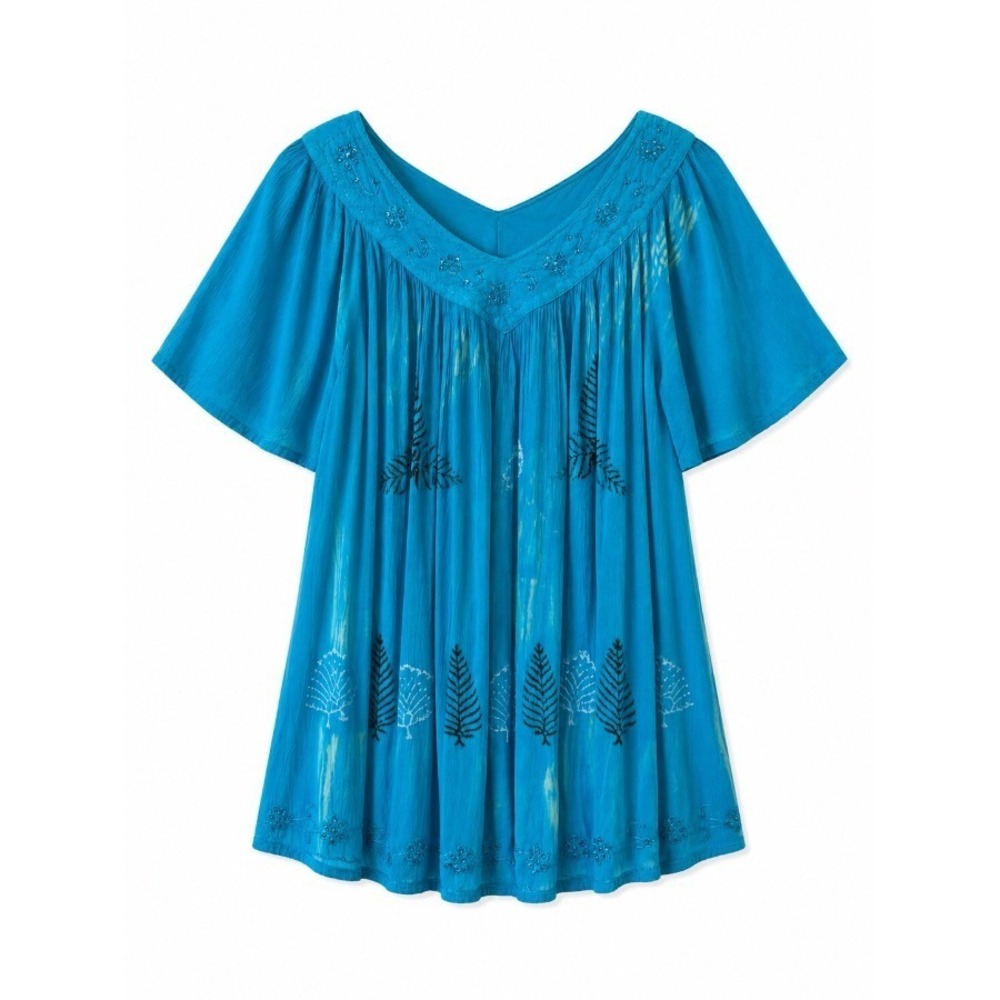 Shoreline Womens Boho Blouse Teal Blue Rayon Embroidered Sequin Free Size